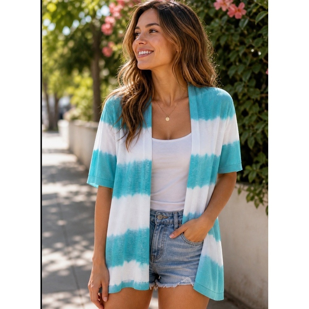 Chico's 2 Anaya Stripe Open Cardigan Sweater Short Sleeve Layering Large Tie Dye